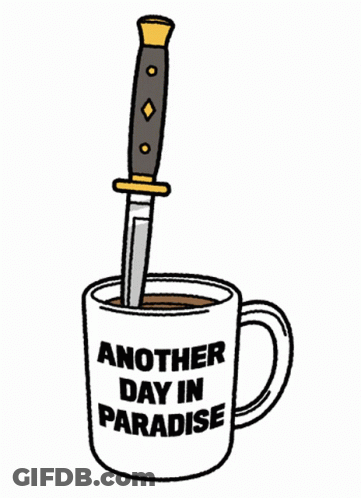 A Cup Of Coffee With A Knife Sticking Out Of It . GIF