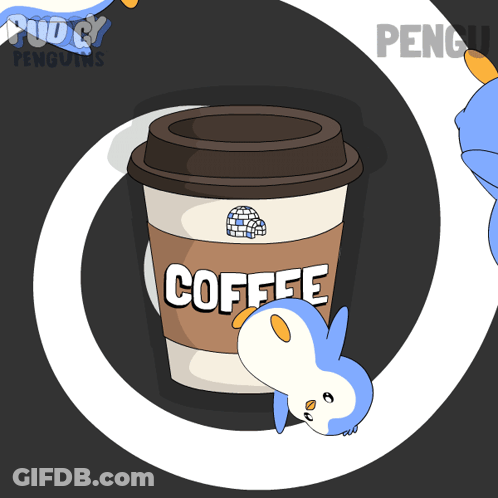 A Cup Of Coffee With A Penguin Laying On It GIF