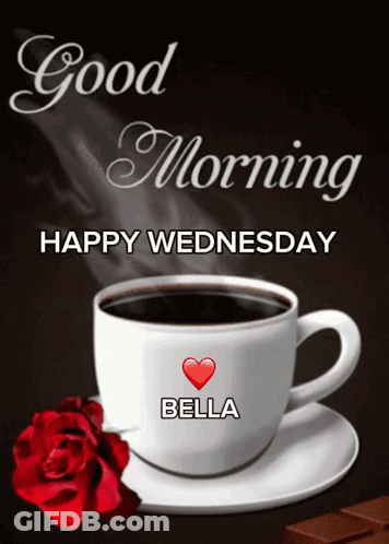 A Cup Of Coffee With A Red Rose And The Words Good Morning Happy Wednesday GIF