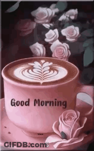 A Cup Of Coffee With A Rose On A Saucer And The Words `` Good Morning '' On It . GIF