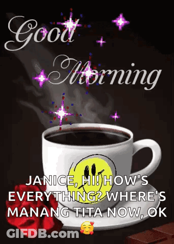 A Cup Of Coffee With A Smiley Face On It And The Words Good Morning GIF