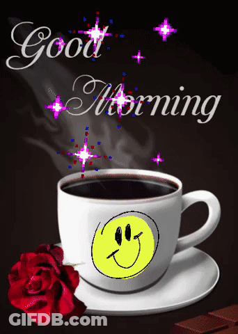 A Cup Of Coffee With A Smiley Face On It And The Words Good Morning Above It GIF