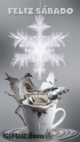 A Cup Of Coffee With A Snowflake And The Words Feliz Sabado On It GIF