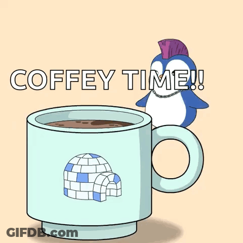 A Cup Of Coffee With An Igloo On It And The Words Coffey Time Written On It . GIF