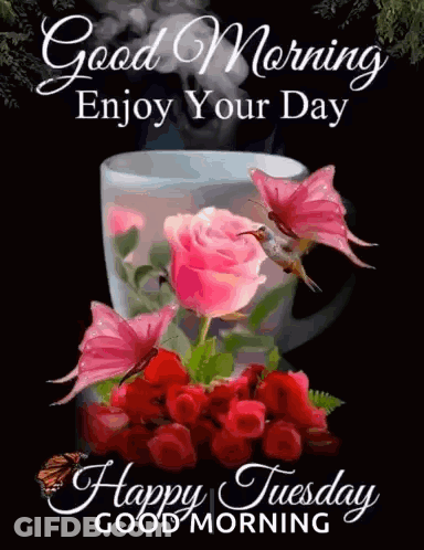 A Cup Of Coffee With Pink Roses And Butterflies And The Words `` Good Morning Enjoy Your Day Happy Tuesday Good Morning GIF
