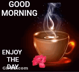 A Cup Of Coffee With Smoke Coming Out Of It And A Pink Rose On A Saucer . GIF
