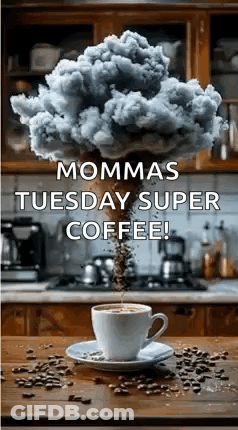 A Cup Of Coffee With Smoke Coming Out Of It And The Words `` Mommas Tuesday Super Coffee '' GIF