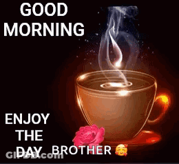 A Cup Of Coffee With Smoke Coming Out Of It Is On A Saucer With A Rose . GIF