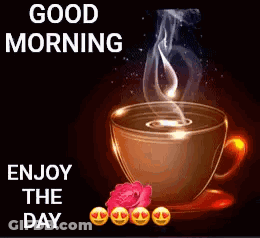 A Cup Of Coffee With Steam Coming Out Of It And A Rose On A Saucer . GIF
