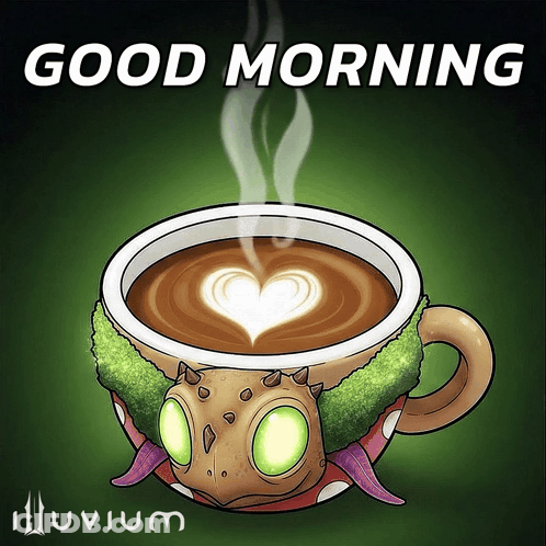 A Cup Of Coffee With Steam Coming Out Of It And The Words Good Morning Underneath GIF