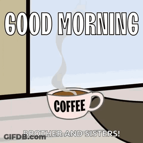 A Cup Of Coffee With Steam Coming Out Of It Is Sitting On A Window Sill . GIF