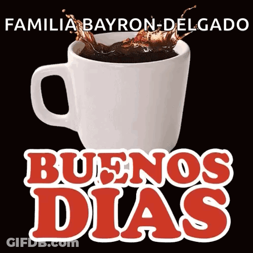 A Cup Of Coffee With The Words " Buenos Dias " On It GIF