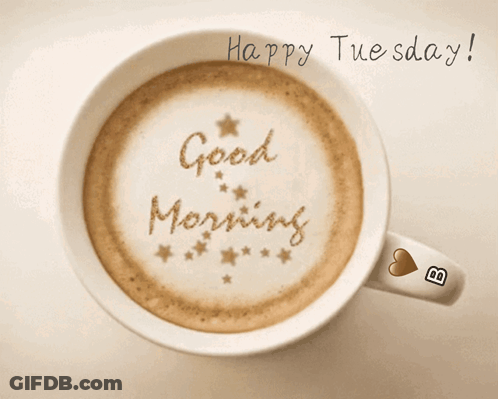 A Cup Of Coffee With The Words " Good Morning " Written On The Foam GIF