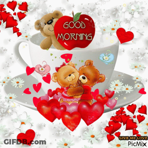 A Cup Of Coffee With Two Teddy Bears And An Apple That Says " Good Morning " GIF