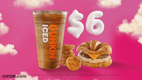 A Cup Of Dunkin ' Iced Coffee Next To A Breakfast Sandwich And Nuggets GIF