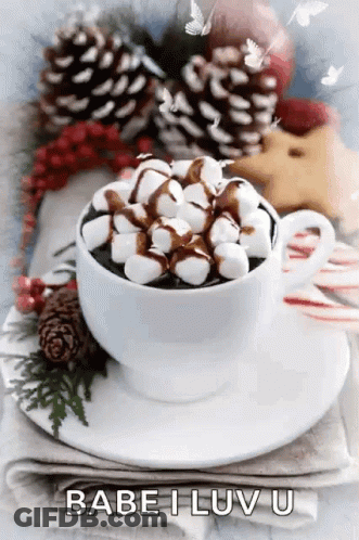 A Cup Of Hot Chocolate With Marshmallows On Top Is On A Saucer . GIF