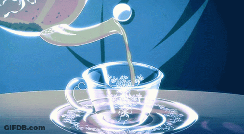A Cup Of Tea Is Being Poured From A Teapot Into A Saucer GIF