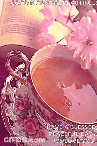 A Cup Of Tea Is On A Saucer Next To A Book GIF