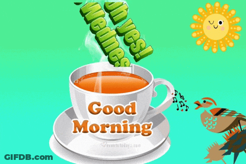 A Cup Of Tea With The Words " Good Morning " Written On It GIF
