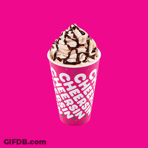 A Cup That Says Cheers On It With A Pink Background GIF