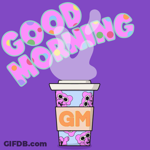 A Cup That Says Gm On It With A Purple Background GIF