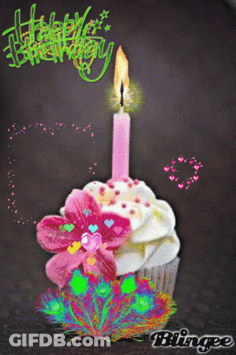 A Cupcake With A Lit Candle And The Words Happy Birthday On The Bottom GIF