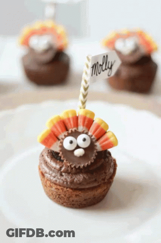 A Cupcake With A Peanut Butter Cup In The Shape Of A Turkey And A Name Tag That Says Molly GIF