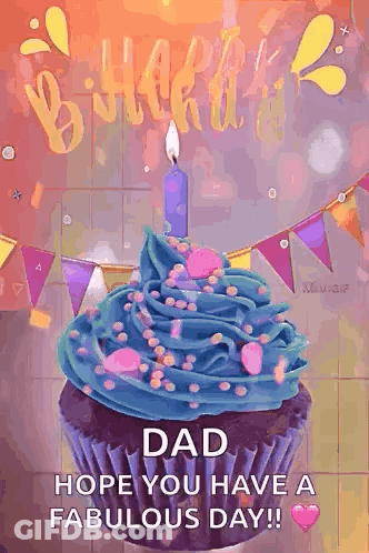 A Cupcake With Blue Frosting And A Candle On It GIF