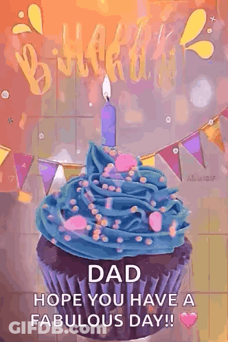 A Cupcake With Blue Frosting And A Candle On Top Of It GIF