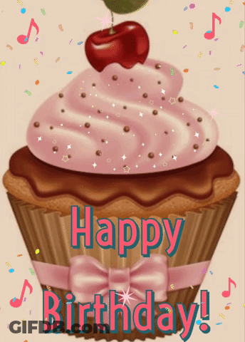 A Cupcake With Pink Frosting And A Cherry On Top Says " Happy Birthday " GIF