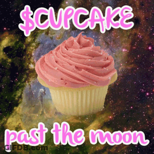A Cupcake With Pink Frosting And The Words $ Cupcake Past The Moon Below It GIF