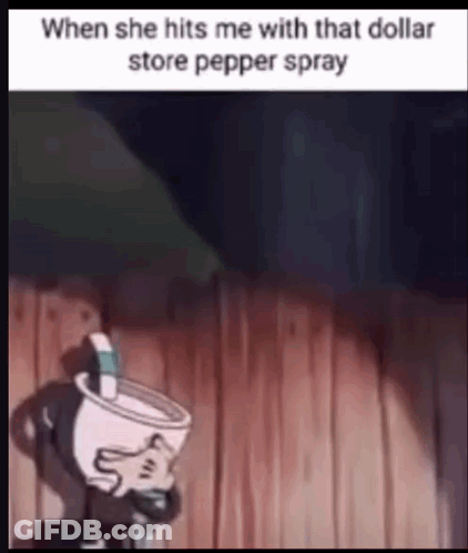 A Cuphead Cartoon Character Is Holding A Pepper Spray In His Hand . GIF