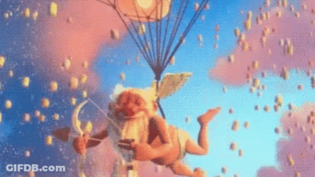 A Cupid Is Flying In The Air With A Parachute . GIF