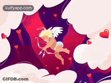 A Cupid With A Bow And Arrow Is Flying Through A Tunnel Of Clouds GIF