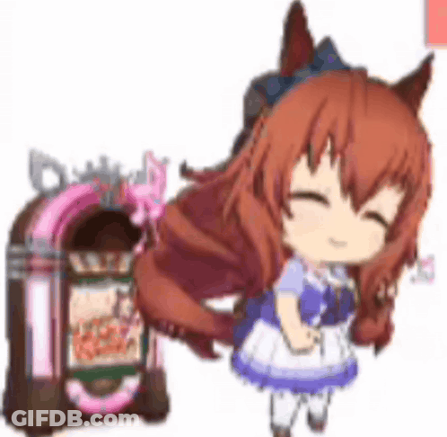 A Cute Anime Girl Is Standing Next To A Jukebox . GIF