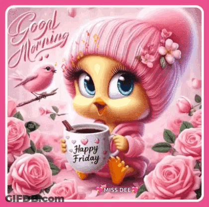 A Cute Cartoon Chick Is Holding A Cup Of Coffee And A Happy Friday Greeting Card . GIF