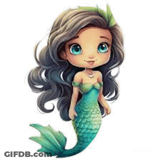 A Cute Cartoon Mermaid With Long Hair And A Green Tail Is Standing On A White Background . GIF