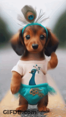 A Dachshund Wearing A Peacock Outfit With A Peacock Feather Headband GIF