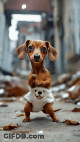A Dachshund Wearing A Teddy Bear Costume Stands On Its Hind Legs GIF