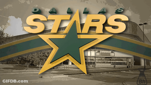 A Dallas Stars Logo With A Green Star In Front Of A Stadium GIF
