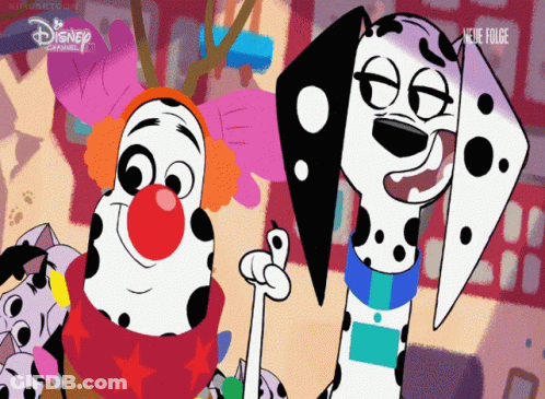 A Dalmatian And A Clown From Disney 'S 101 Dalmatians Are Standing Next To Each Other GIF