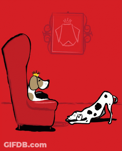 A Dalmatian Wearing A Crown Sits In A Red Chair Next To Another Dalmatian GIF