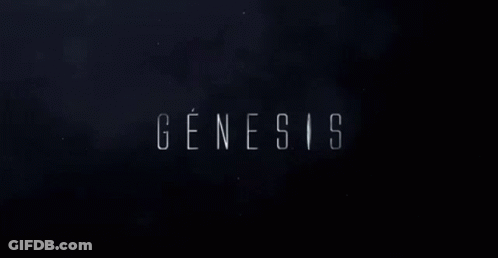 A Dark Background With The Word Genesis In White Letters GIF