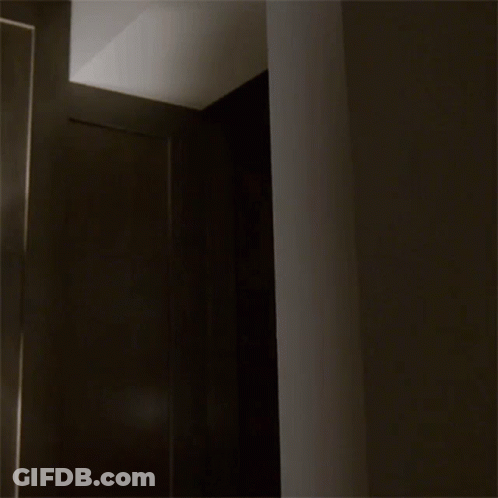 A Dark Hallway With A Black Door And A White Pillar GIF