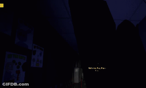 A Dark Hallway With A Checkered Wall And A Yellow Arrow Pointing To The Left GIF