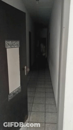 A Dark Hallway With A Door And A Mirror GIF