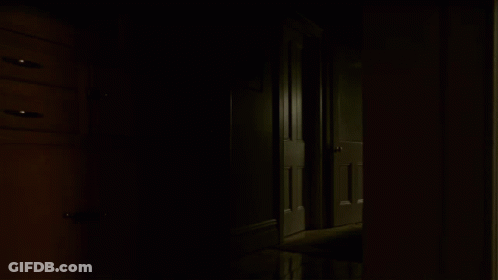 A Dark Hallway With A Few Dressers And A Door GIF