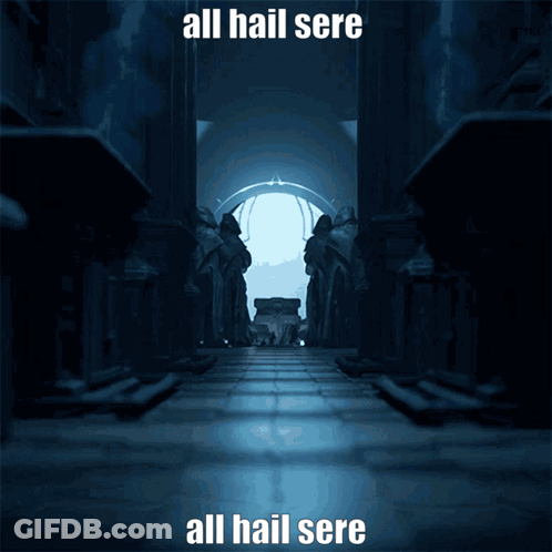 A Dark Hallway With The Words All Hail Sere All Hail Sere On The Bottom GIF