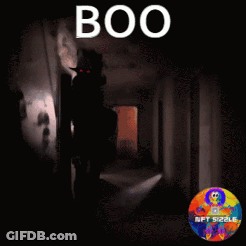 A Dark Hallway With The Words Boo On The Top GIF