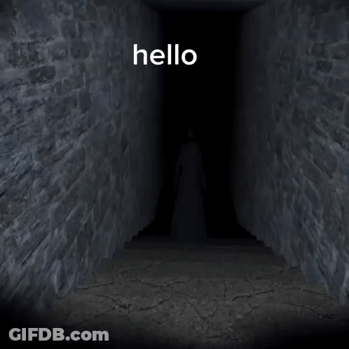 A Dark Hallway With The Words Hello Written On It GIF